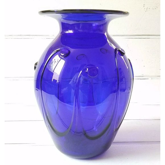 Bruce Cobb Cobalt Blue Glass Vase Lily Pad Pattern Hand Blown7” Tall